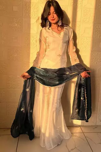 White silk blend embroidered sharara set