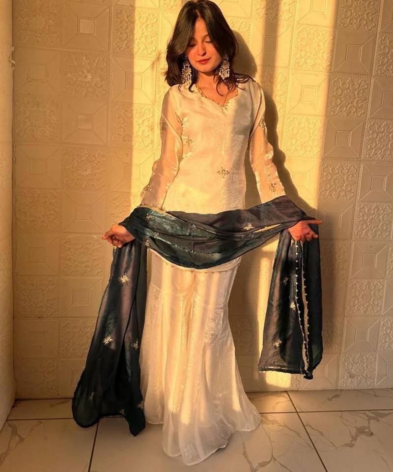 White silk blend embroidered sharara set