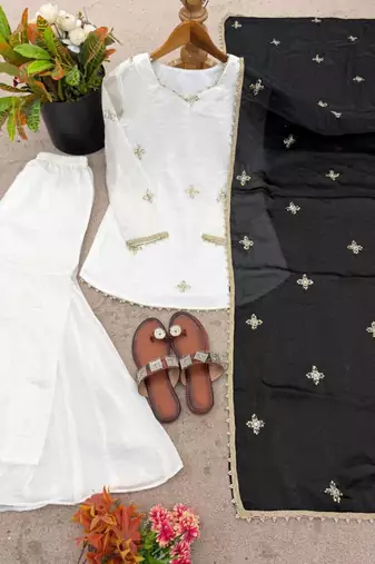 White silk blend embroidered sharara set