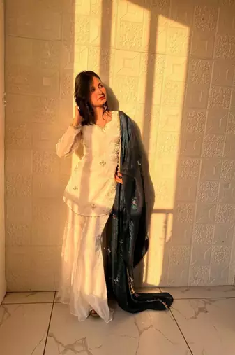 White silk blend embroidered sharara set