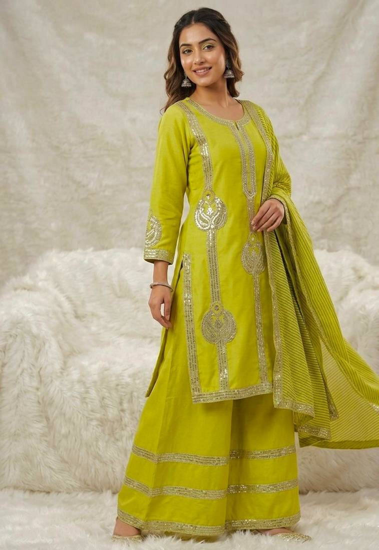 Green silk blend sequins palazzo set