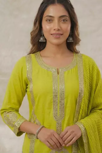 Green silk blend sequins palazzo set