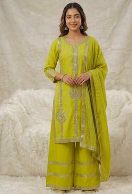 Green silk blend sequins palazzo set 3
