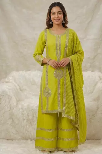 Green silk blend sequins palazzo set