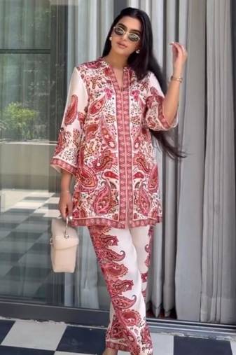 White satin printed palazzo set
