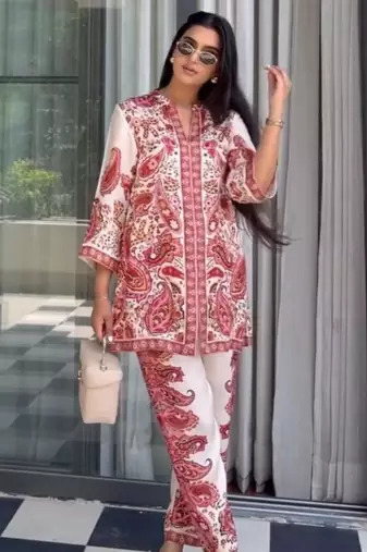 White satin printed palazzo set