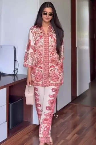White satin printed palazzo set