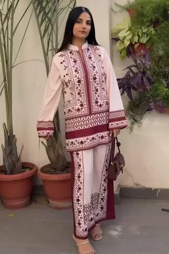 White satin printed palazzo set