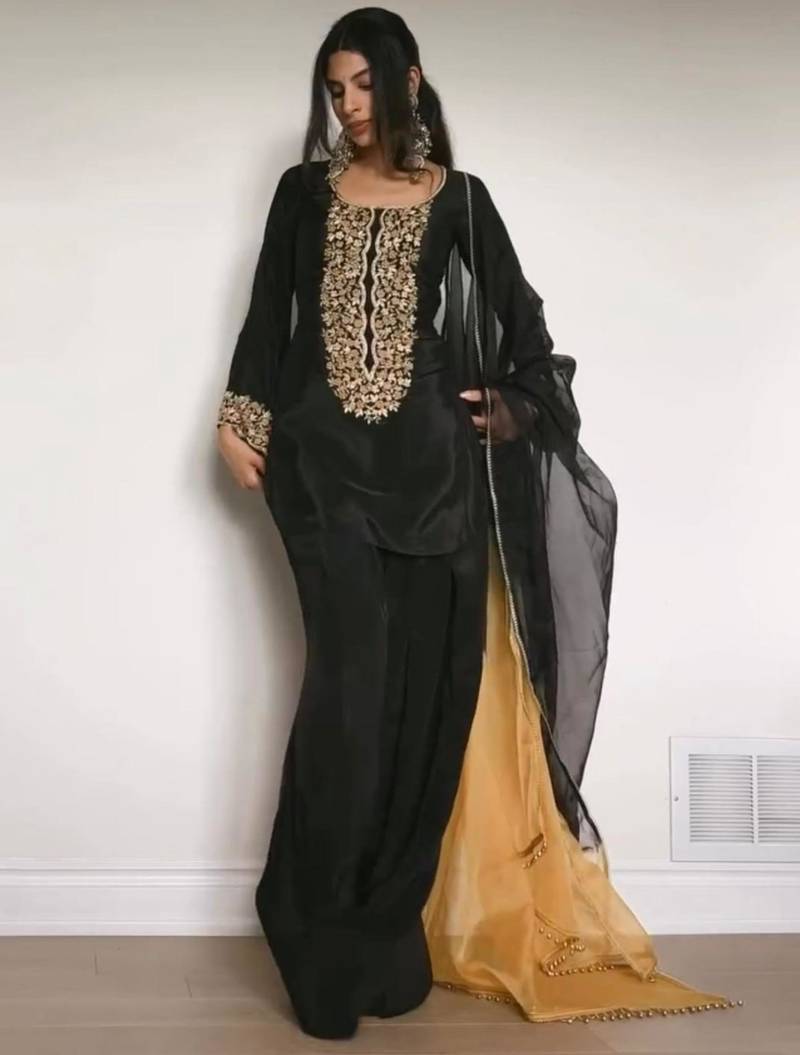 Black satin embroidered farshi salwaar