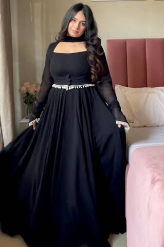 Black faux georgette plain anarkali set