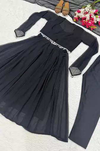 Black faux georgette plain anarkali set
