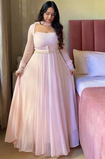 Pink faux georgette plain anarkali set