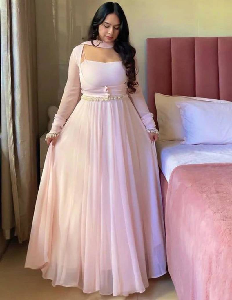 Pink faux georgette plain anarkali set