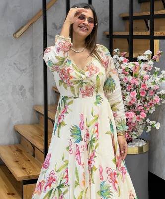 Off white faux georgette digital print gown set 2