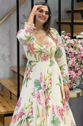 Off white faux georgette digital print gown set