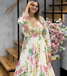 Off white faux georgette digital print gown set