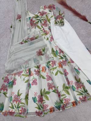 Off white faux georgette digital print gown set 3