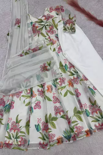 Off white faux georgette digital print gown set
