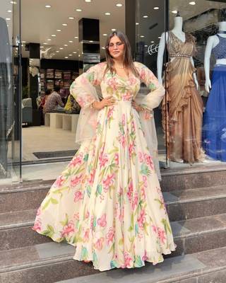 Off white faux georgette digital print gown set 1