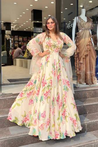 Off white faux georgette digital print gown set