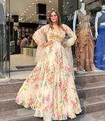 Off white faux georgette digital print gown set