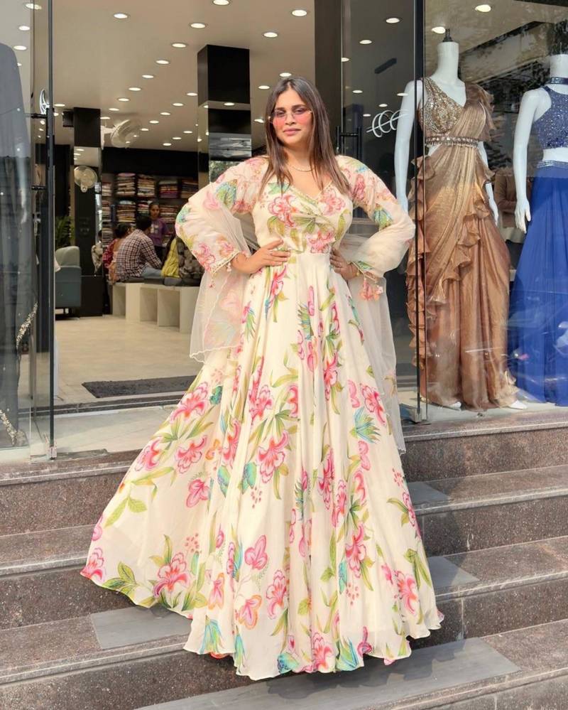 Off white faux georgette digital print gown set