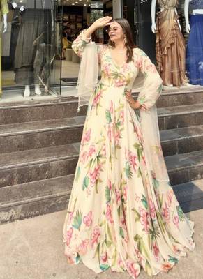 Off white faux georgette digital print gown set 4