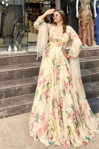 Off white faux georgette digital print gown set