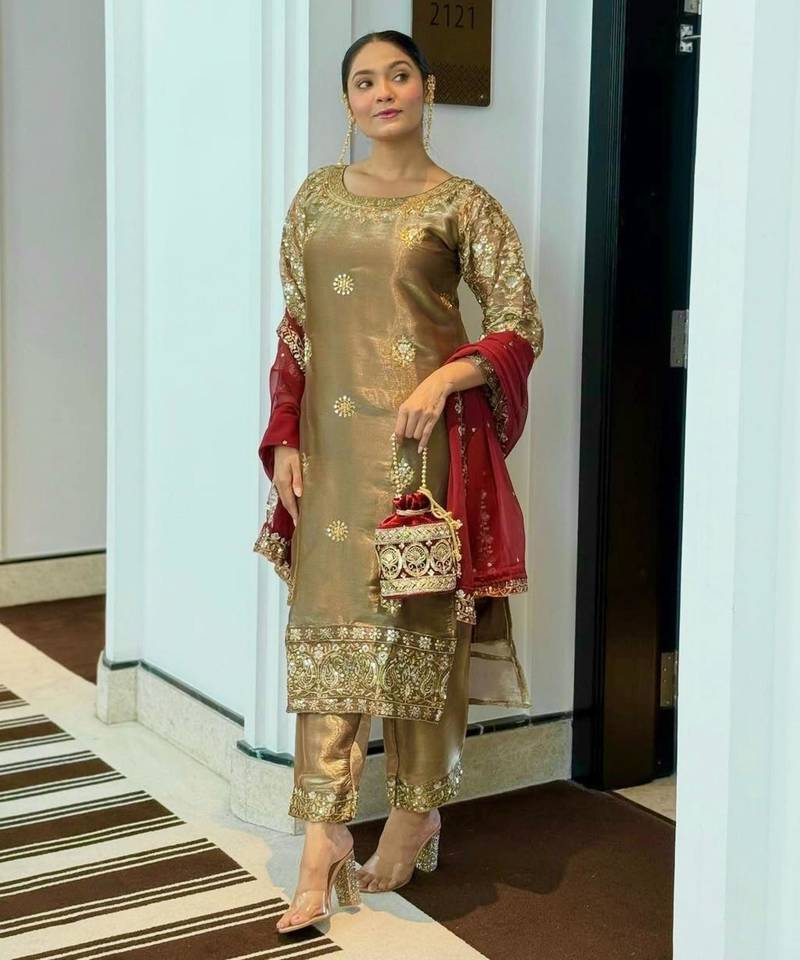 Champagne silk blend embroidered kurta set