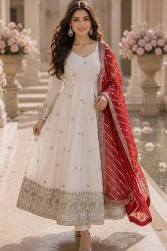 White silk blend embroidered anarkali set