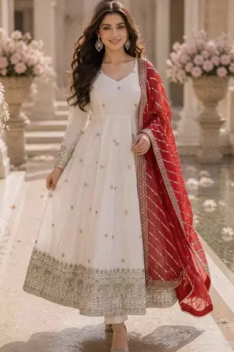 White silk blend embroidered anarkali set