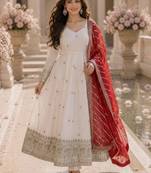 White silk blend embroidered anarkali set