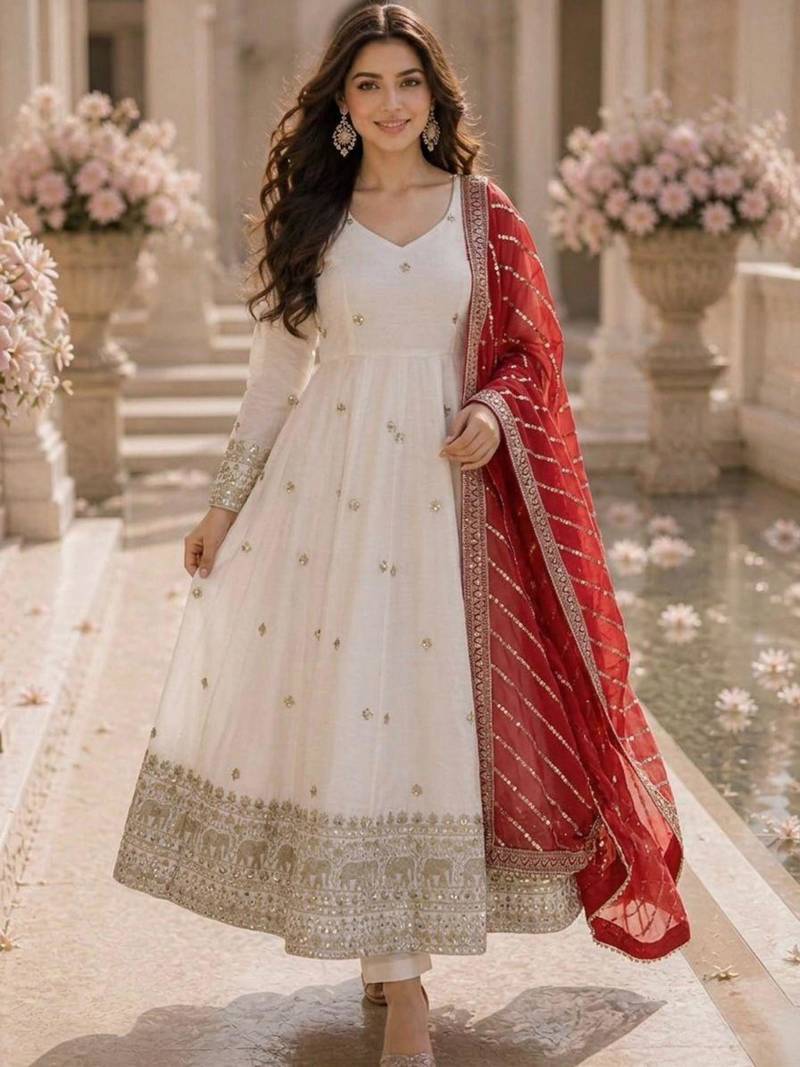 White silk blend embroidered anarkali set