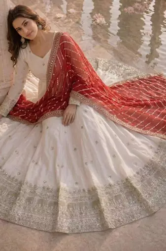White silk blend embroidered anarkali set
