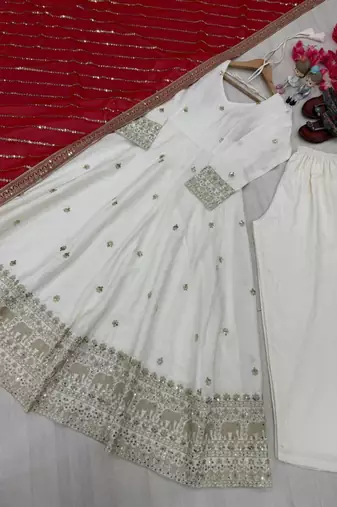 White silk blend embroidered anarkali set
