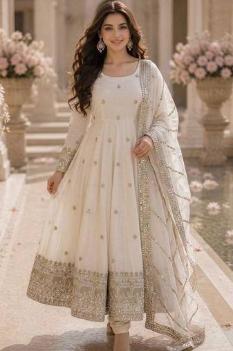 White silk blend embroidered anarkali set