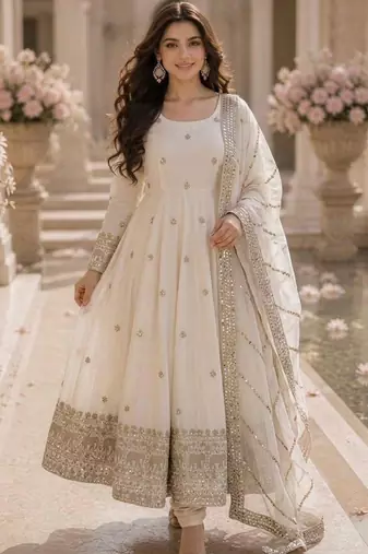 White silk blend embroidered anarkali set