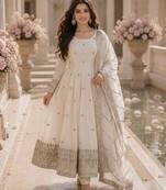 White silk blend embroidered anarkali set