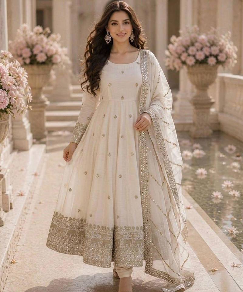 White silk blend embroidered anarkali set