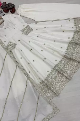 White silk blend embroidered anarkali set