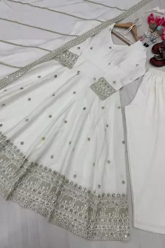 White silk blend embroidered anarkali set