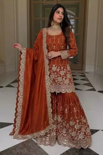 Dark orange silk blend embroidered sharara set