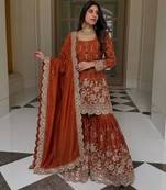 Dark orange silk blend embroidered sharara set