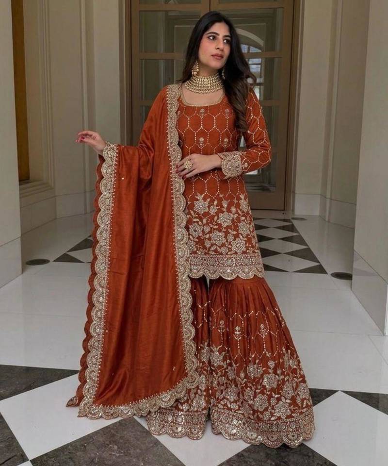 Dark orange silk blend embroidered sharara set
