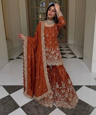 Dark orange silk blend embroidered sharara set 2