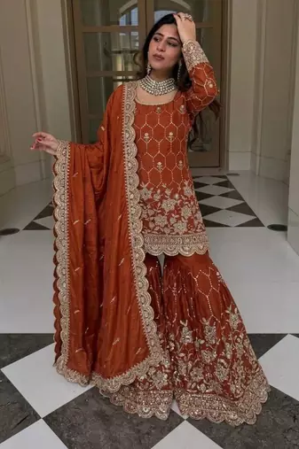 Dark orange silk blend embroidered sharara set