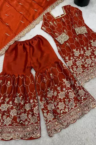 Dark orange silk blend embroidered sharara set