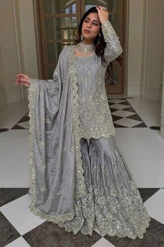Grey silk blend embroidered sharara set