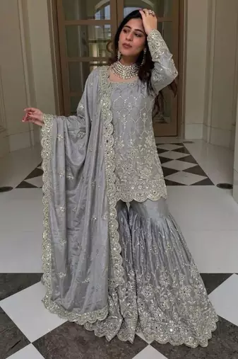 Grey silk blend embroidered sharara set