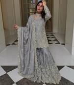 Grey silk blend embroidered sharara set